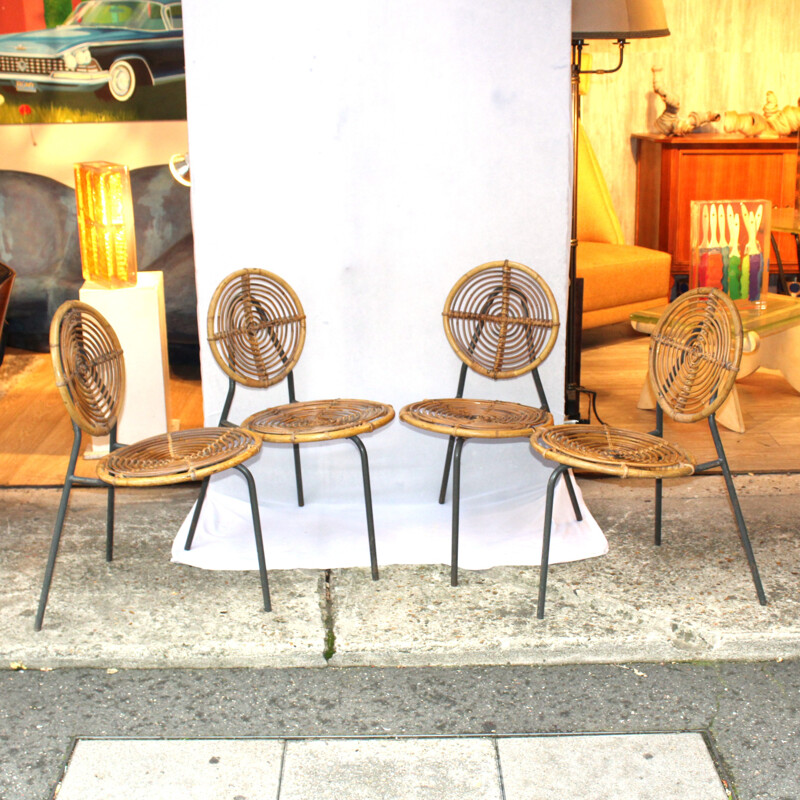 Set of vintage 4 rattan and metal bamboo chairs - 1950s