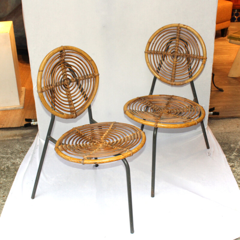 Set of vintage 4 rattan and metal bamboo chairs - 1950s