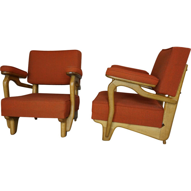 Pair of vintage armchairs in oakwood and wool by Guillerme and Chambron - 1950s