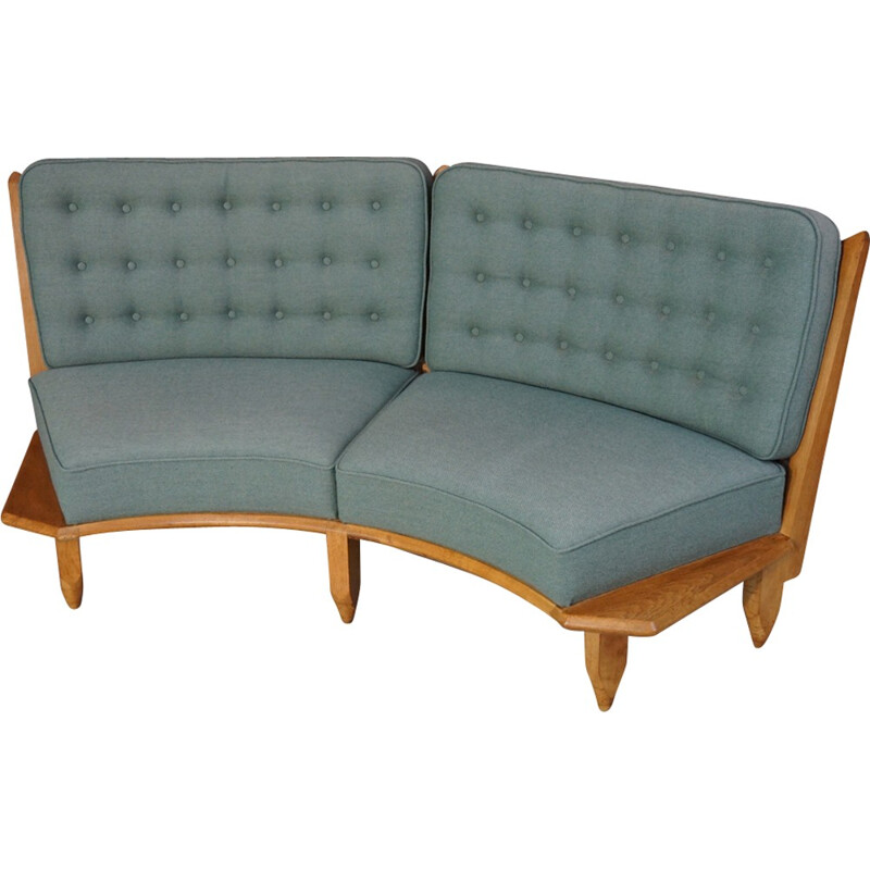 Vintage sofa in oakwood and green fabric by Guillerme and Chambron - 1950s