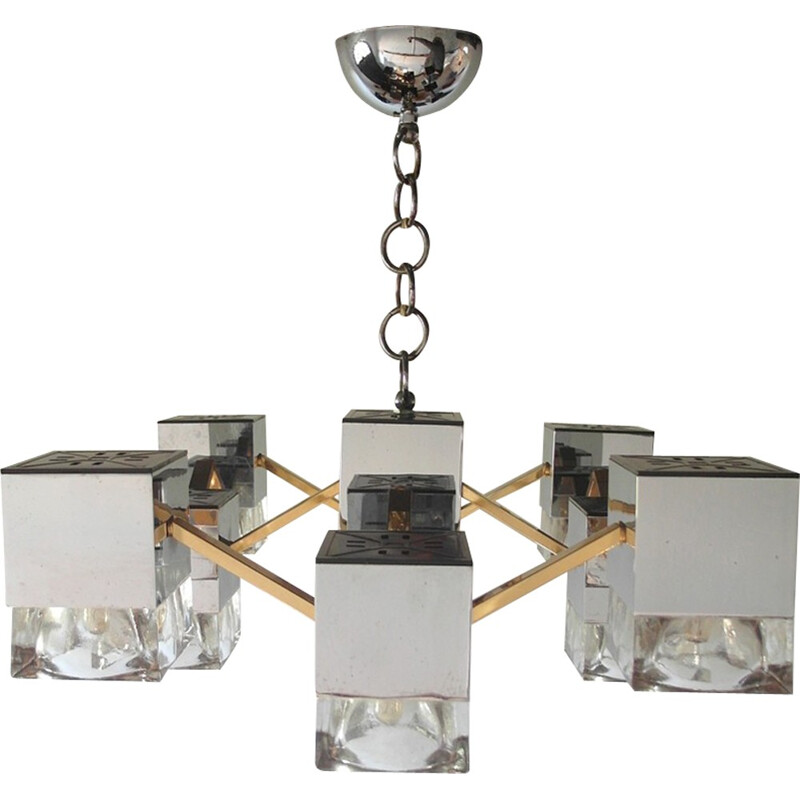 Vintage Chandelier with Glass Cubes and Brass by Sciolari - 1970s