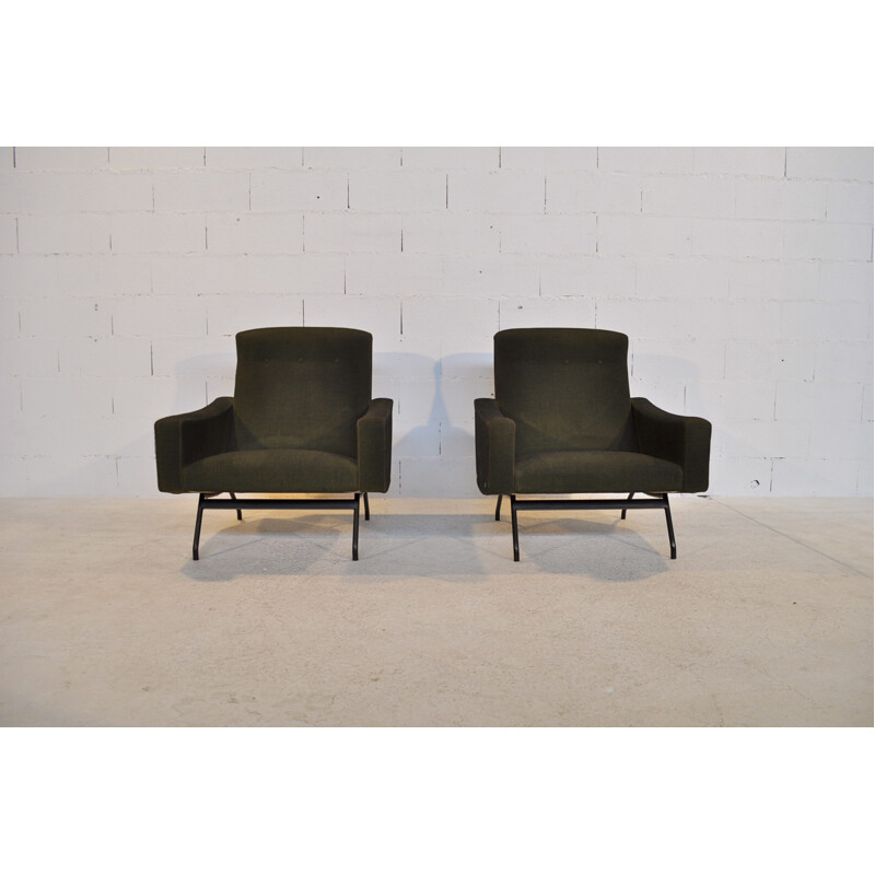 Pair of dark green armchairs, Joseph André MOTTE - 1950s