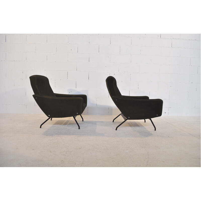 Pair of dark green armchairs, Joseph André MOTTE - 1950s