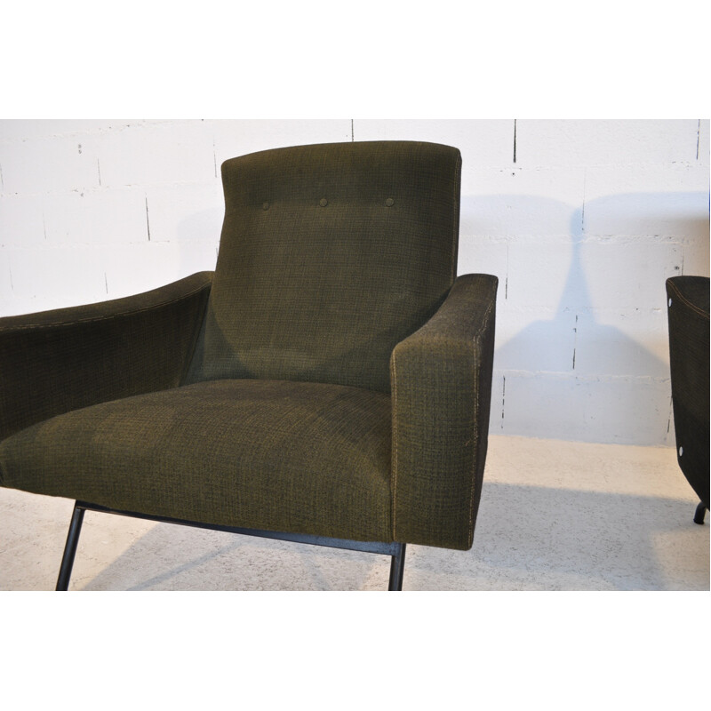 Pair of dark green armchairs, Joseph André MOTTE - 1950s