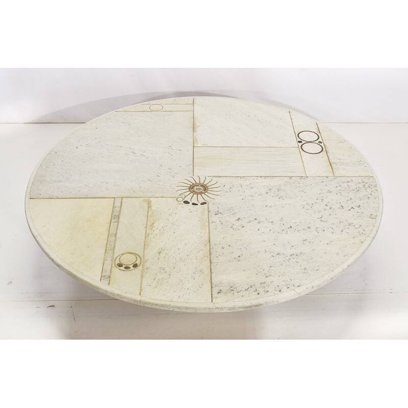 Table basse vintage en pierre blanche et en laiton de Paul Kingma - 1980