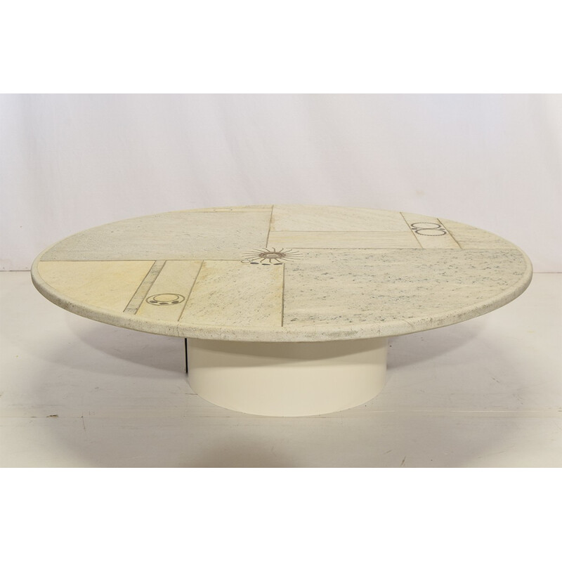 Vintage coffee table in white stone and brass by Paul Kingma - 1980s