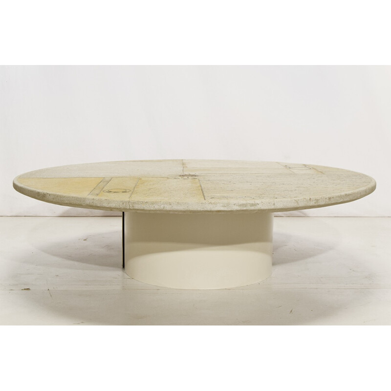 Vintage coffee table in white stone and brass by Paul Kingma - 1980s