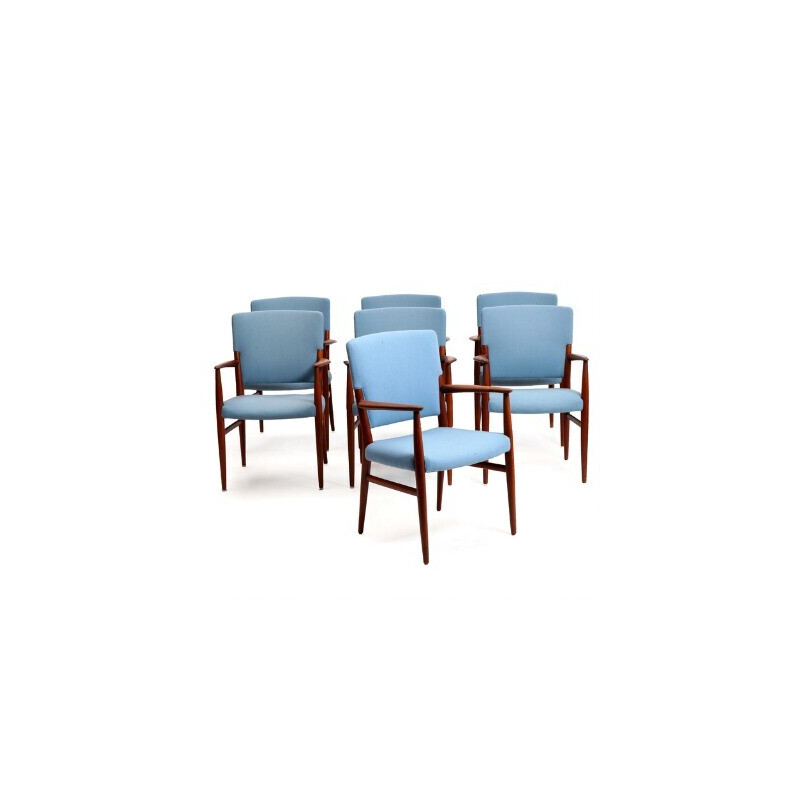 Set of 6 vintage armchairs in teak and blue fabric - 1960s 