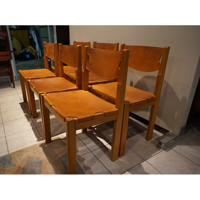 Suite de 6 chaises vintage en hêtre et cuir - 1970