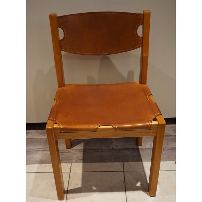 Suite de 6 chaises vintage en hêtre et cuir - 1970