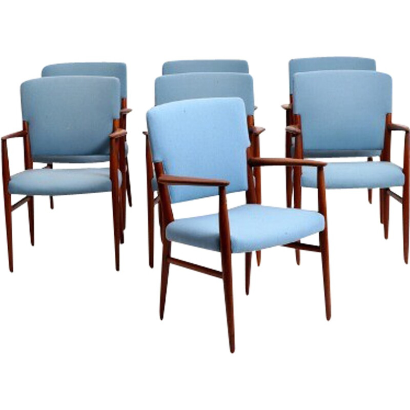 Suite de 6 fauteuils vintage en teck et tissu bleu - 1960