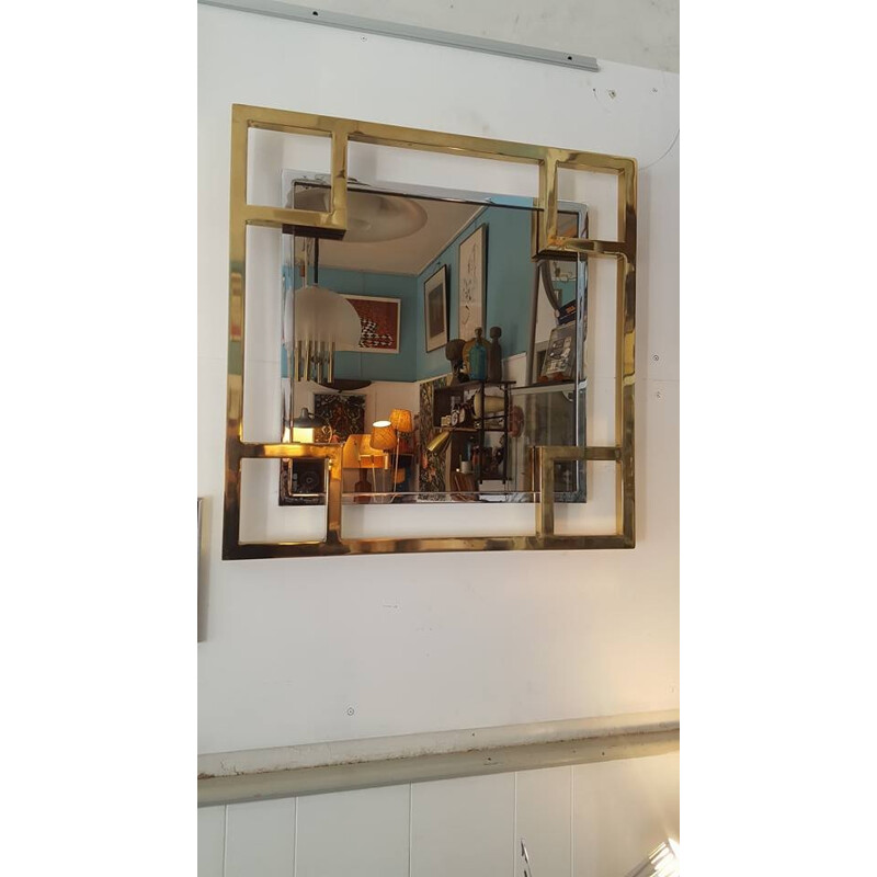 Miroir vintage en métal chromé et laiton de Guy Lefèvre pour la Maison Jansen - 1980