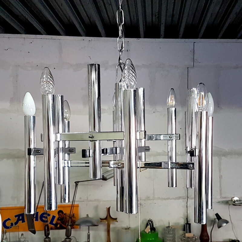 Vintage 12 arms chrome chandelier by Sciolari - 1960s