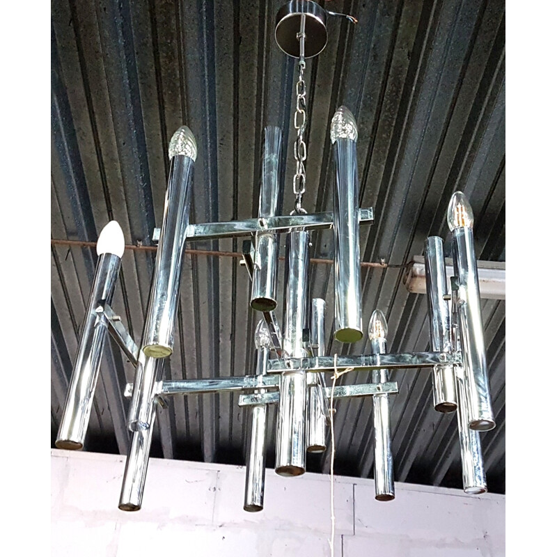 Vintage 12 arms chrome chandelier by Sciolari - 1960s