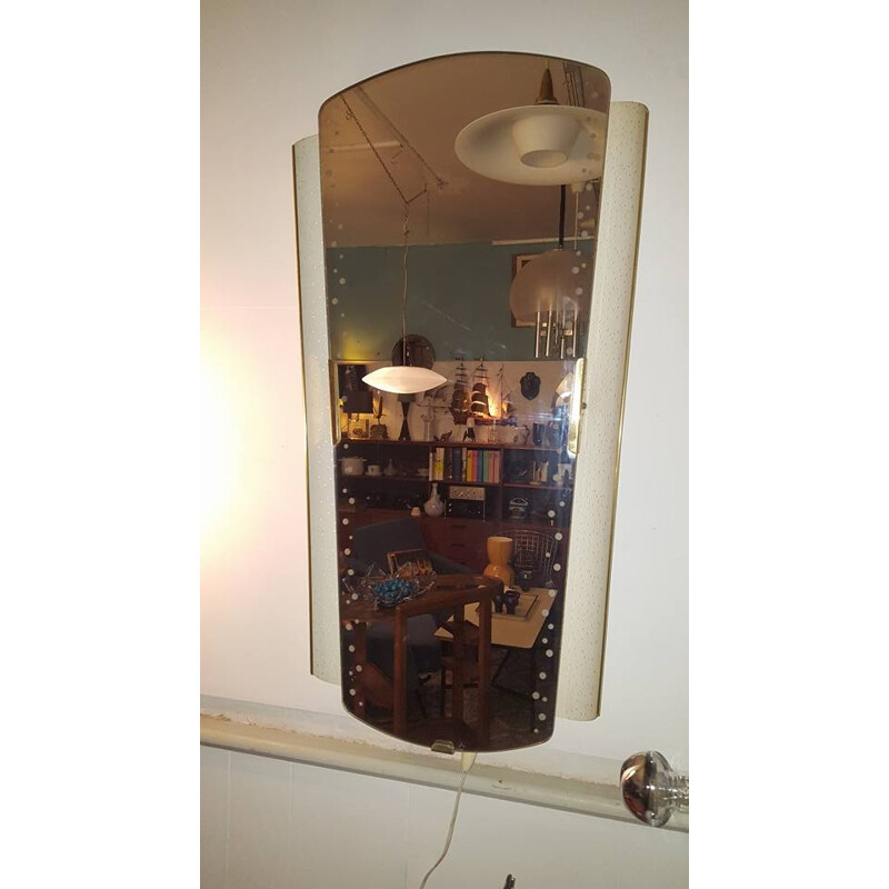 Specchio illuminato d'epoca in lamiera forata e ottone, 1950