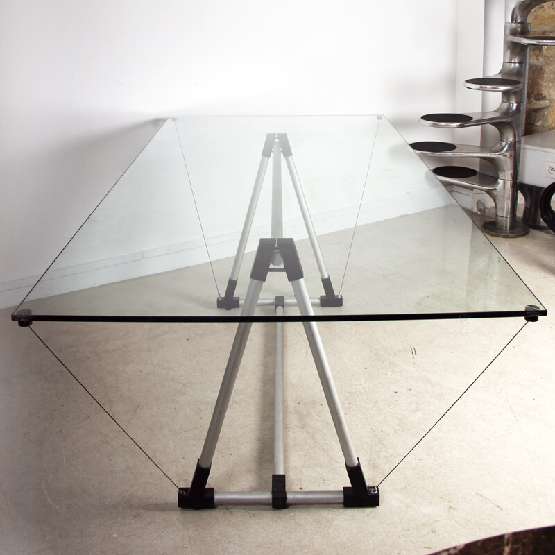 Table à repas vintage en verre et aluminium par Fontana Arte - 1980