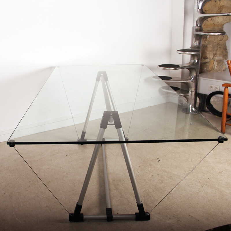 Table à repas vintage en verre et aluminium par Fontana Arte - 1980