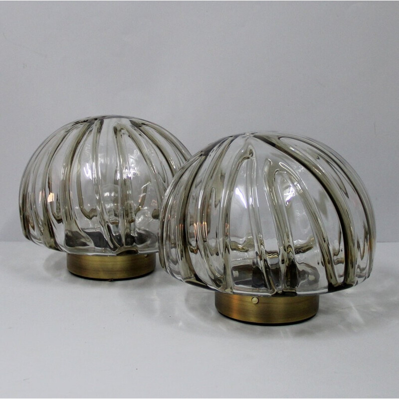 Pair of vintage ceiling lamps in glass and metal - 1970s