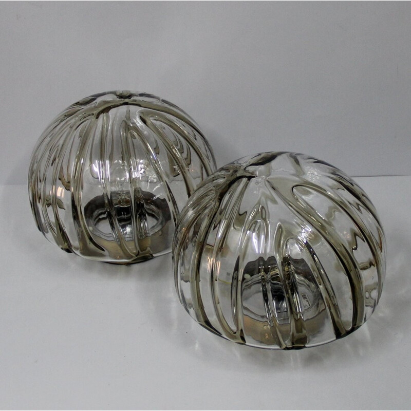 Pair of vintage ceiling lamps in glass and metal - 1970s