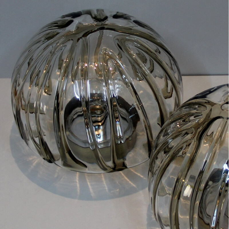 Pair of vintage ceiling lamps in glass and metal - 1970s