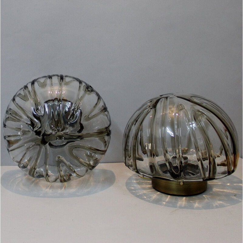 Pair of vintage ceiling lamps in glass and metal - 1970s