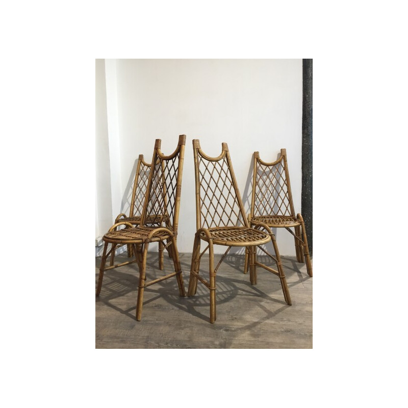 Suite of 4 rattan chairs, G. HUDON - 1950s