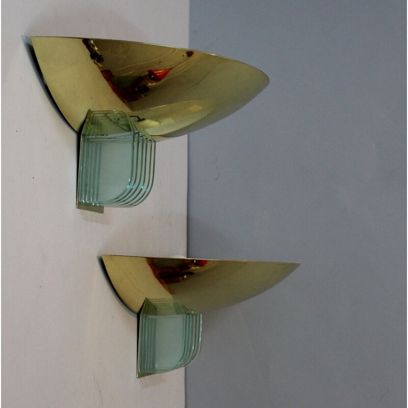 Pair of vintage wall lamps in metal and glass - 1970s