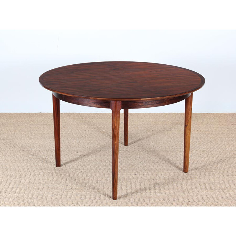 Table de repas vintage scandinave ronde en palissandre de Rio, 4 à 8 pers - 1970 