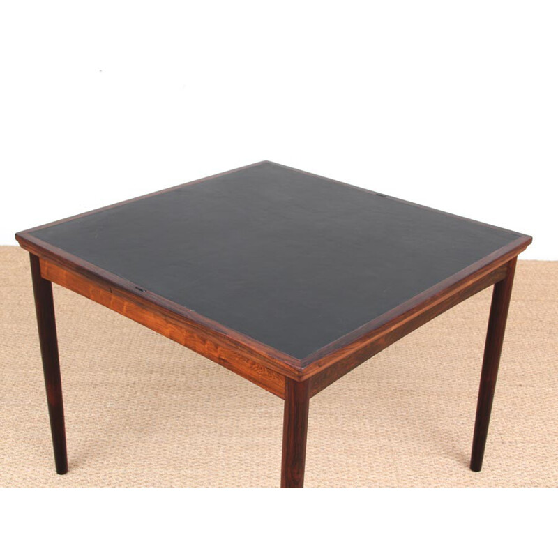 Table vintage carrée scandinave en palissandre à rallonges et plateau reversible - 1960