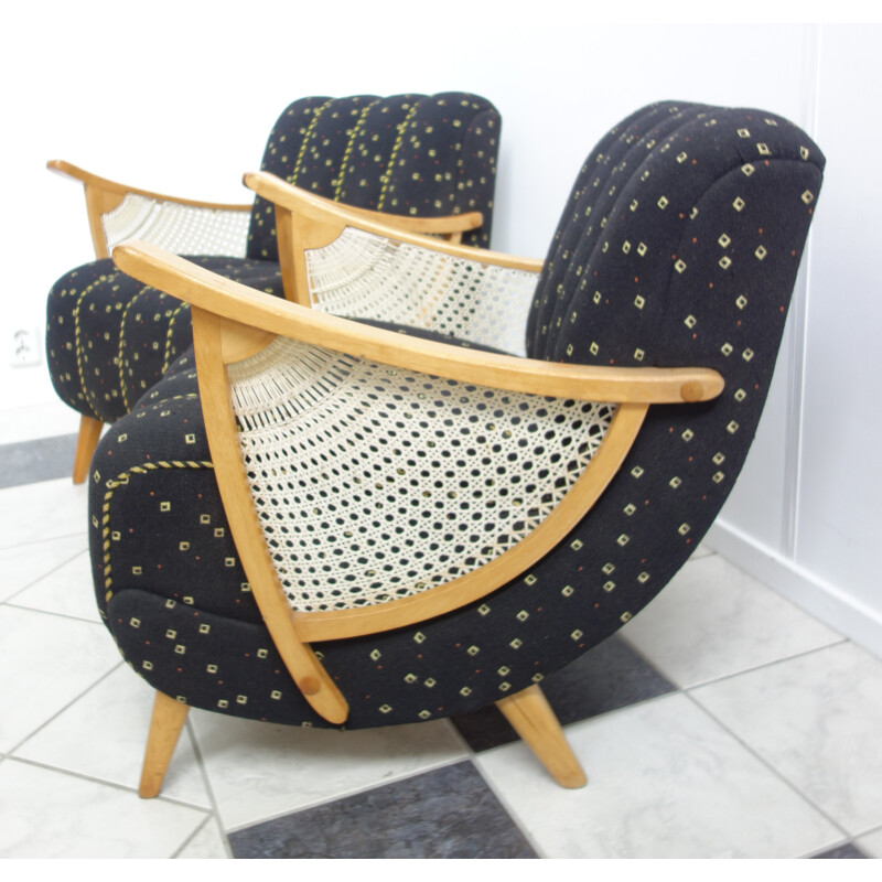 Paire de fauteuils vintage motif noir et jaune - 1950