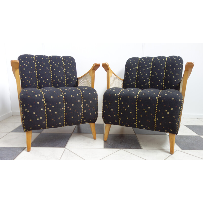 Pair of Vintage Black and Yellow Pattern Armchairs - 1950s