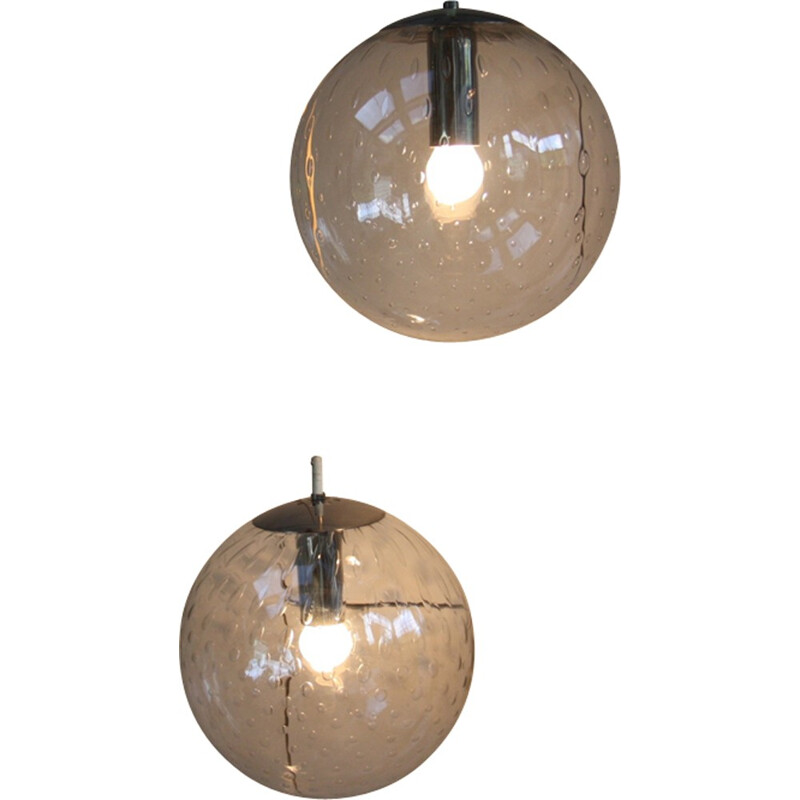 Pair of vintage ceiling lamps in glass with air bubbles by Raak - 1960s