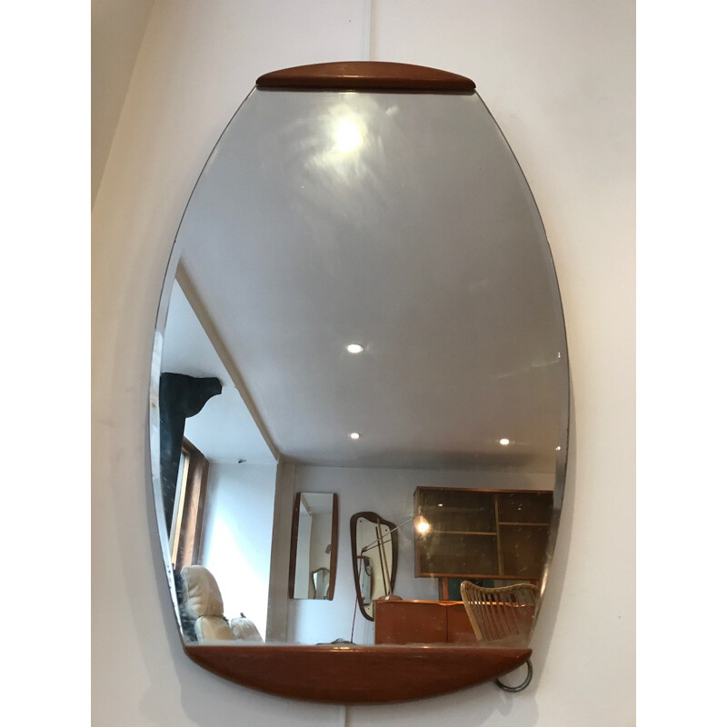 Beveled oval vintage teak mirror - 1960s