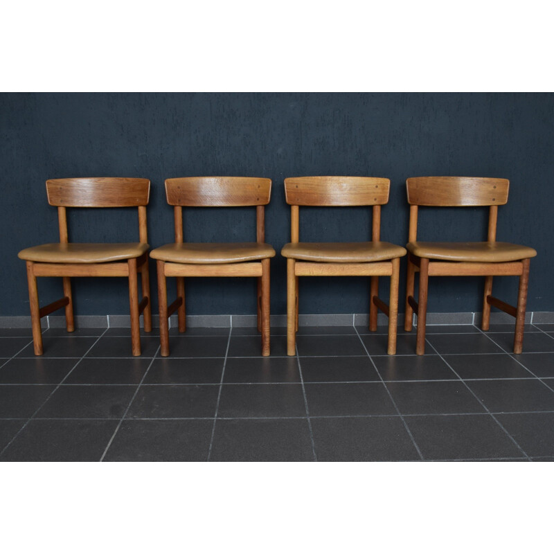 Set of 4 oak and leather chairs by  Børge Mogensen for Fredericia, Denmark - 1950s