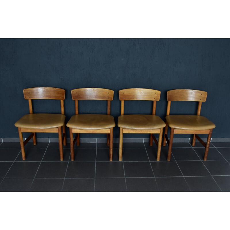 Set of 4 oak and leather chairs by  Børge Mogensen for Fredericia, Denmark - 1950s