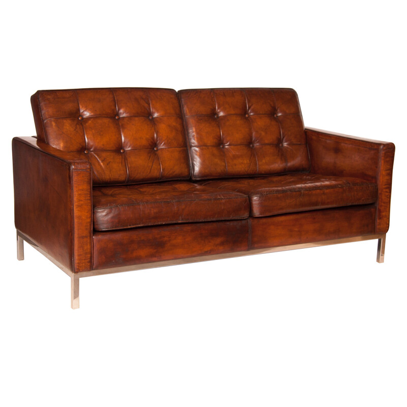 Canapé vintage en cuir marron, Florence Knoll - 1954