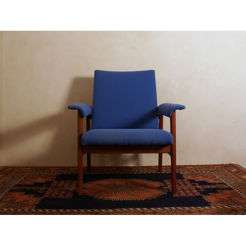 Dutch Easy Chair in Blue Fabric and Mahogany - 1960s 