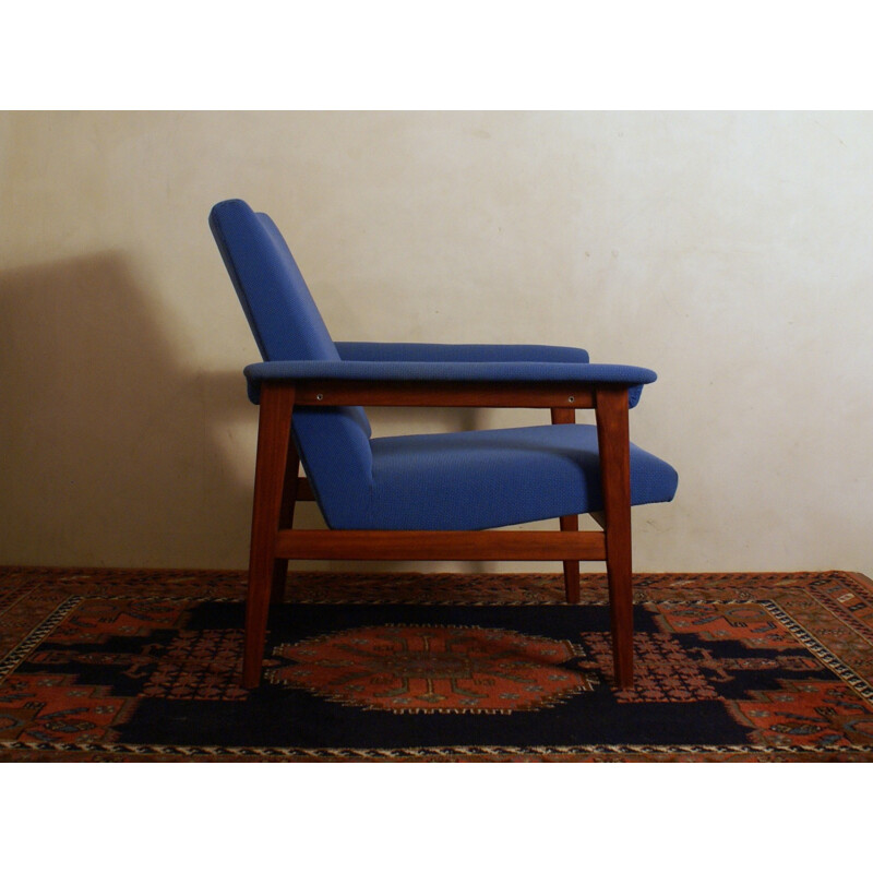 Dutch Easy Chair in Blue Fabric and Mahogany - 1960s 
