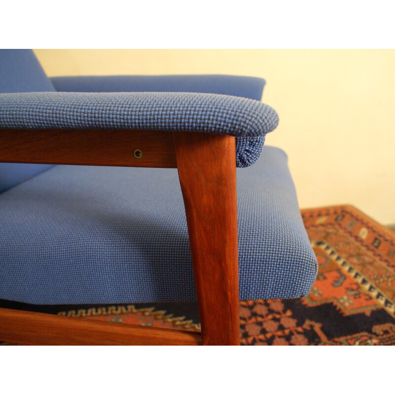 Dutch Easy Chair in Blue Fabric and Mahogany - 1960s 