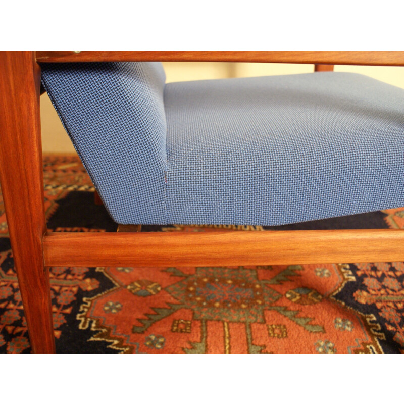 Fauteuil lounge vintage en tissu bleu et en acajou - 1960