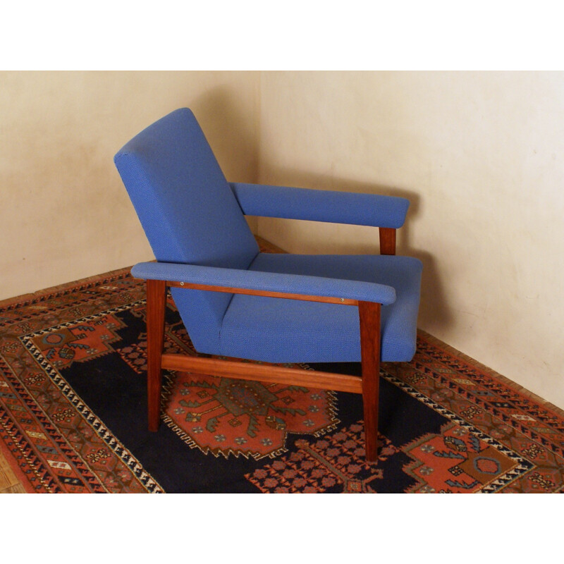 Dutch Easy Chair in Blue Fabric and Mahogany - 1960s 