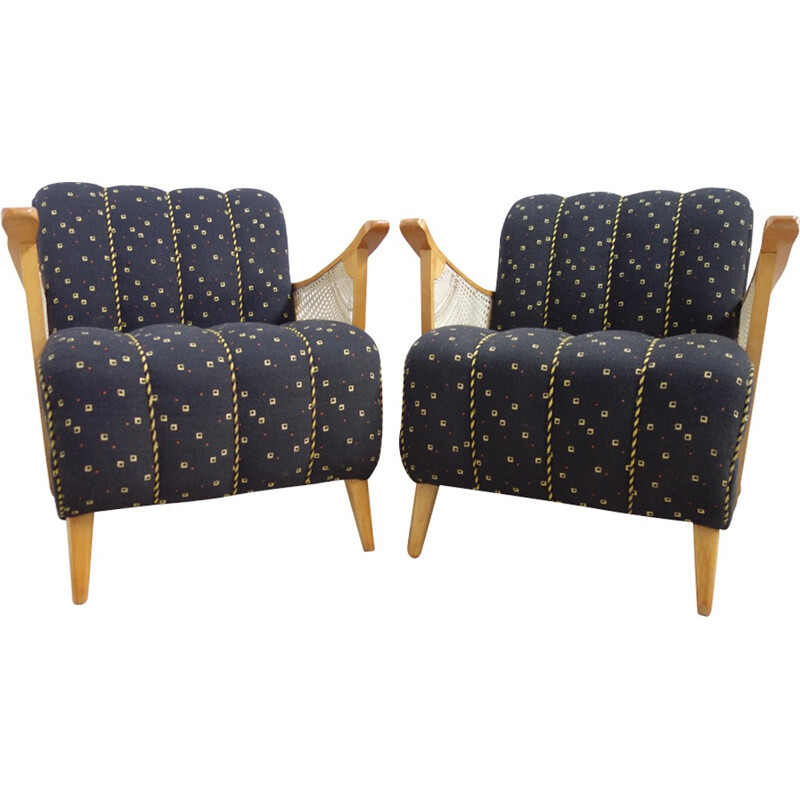Pair of Vintage Black and Yellow Pattern Armchairs - 1950s