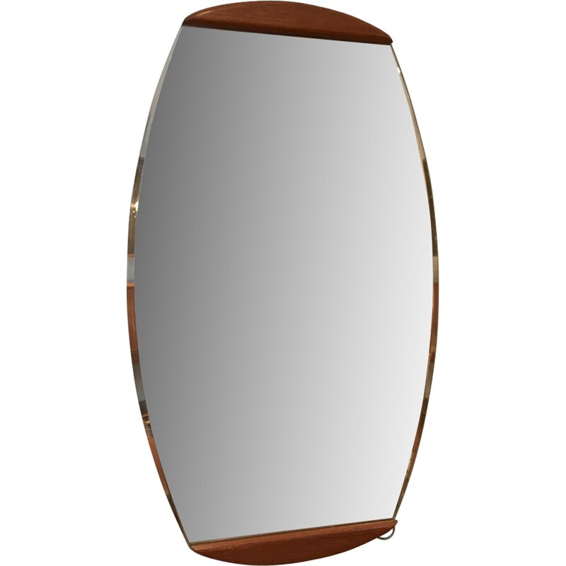 Beveled oval vintage teak mirror - 1960s