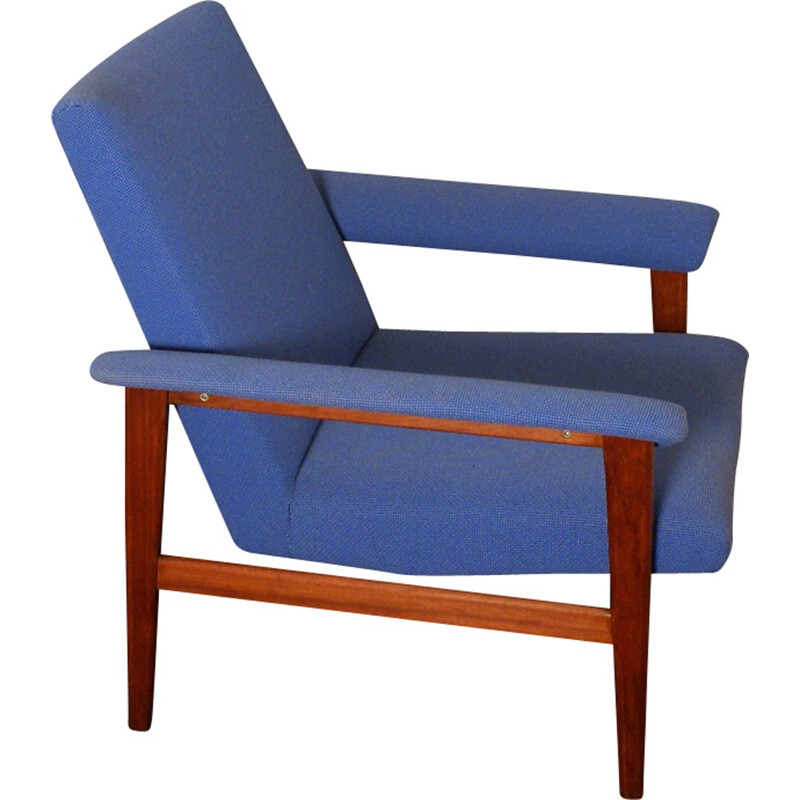 Fauteuil lounge vintage en tissu bleu et en acajou - 1960