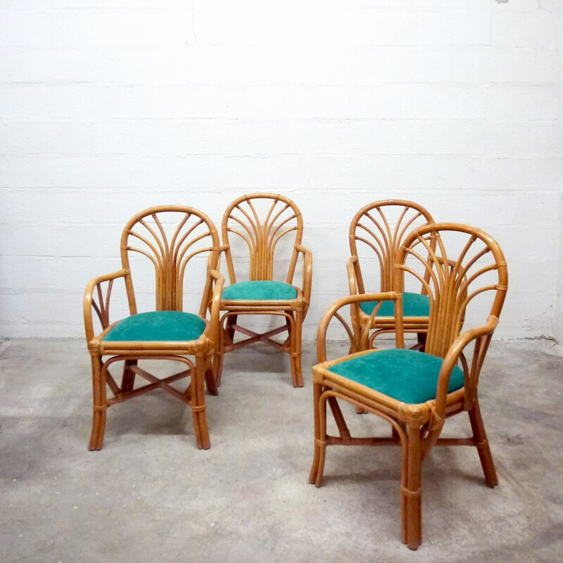 Set of 4 vintage re-upholstered rattan armchairs - 1960s