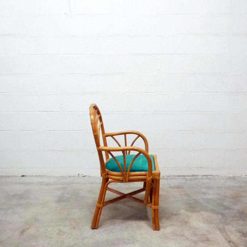 Set of 4 vintage re-upholstered rattan armchairs - 1960s