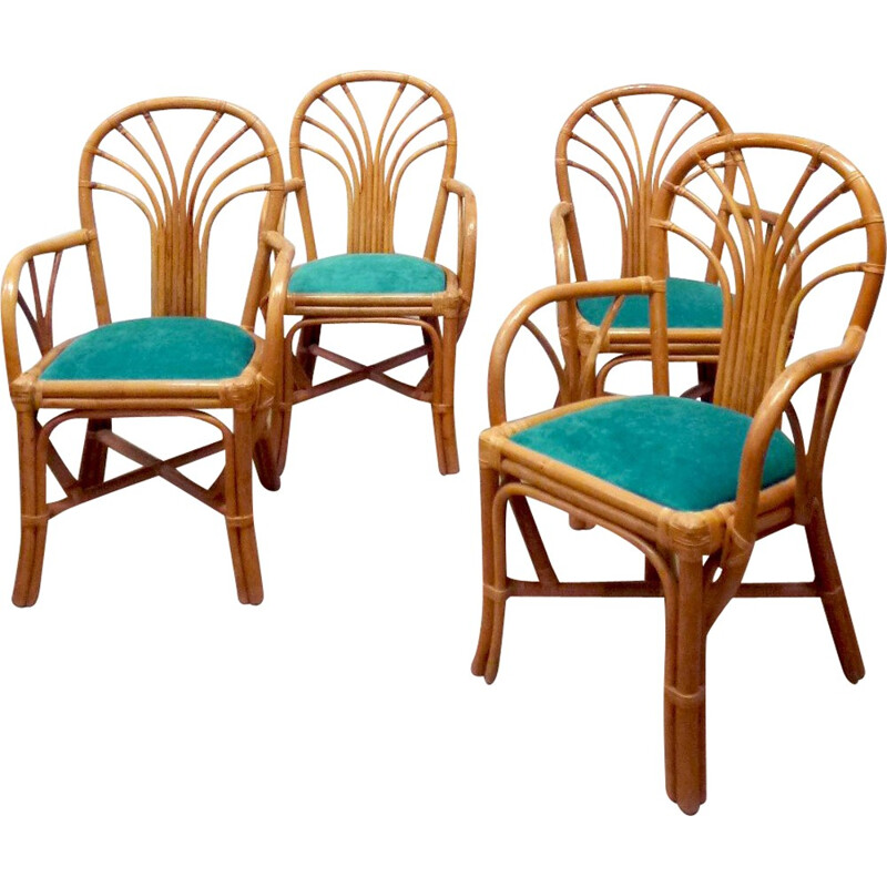 Set of 4 vintage re-upholstered rattan armchairs - 1960s