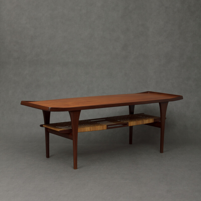 Teak coffe table with caning shelf - 1960s