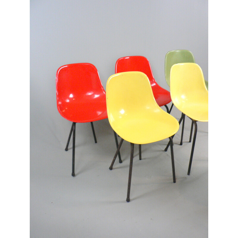 Set of 6 vintage chairs with fiberglass shells - 1960s