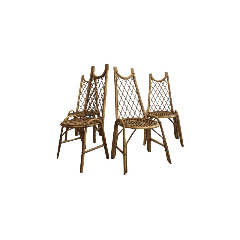 Suite of 4 rattan chairs, G. HUDON - 1950s